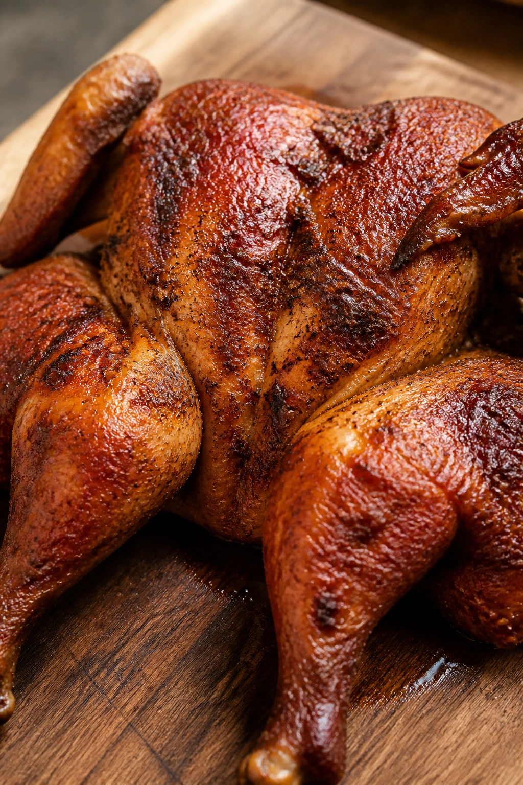 Whole smoked chicken with crispy skin on cutting board