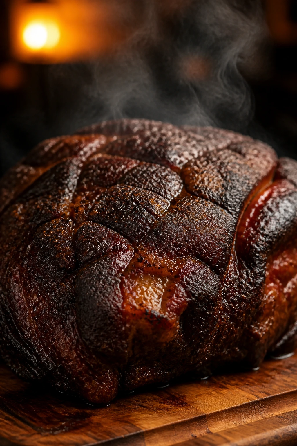 Dramatic close-up of a smoked centerpiece roast with warm glow