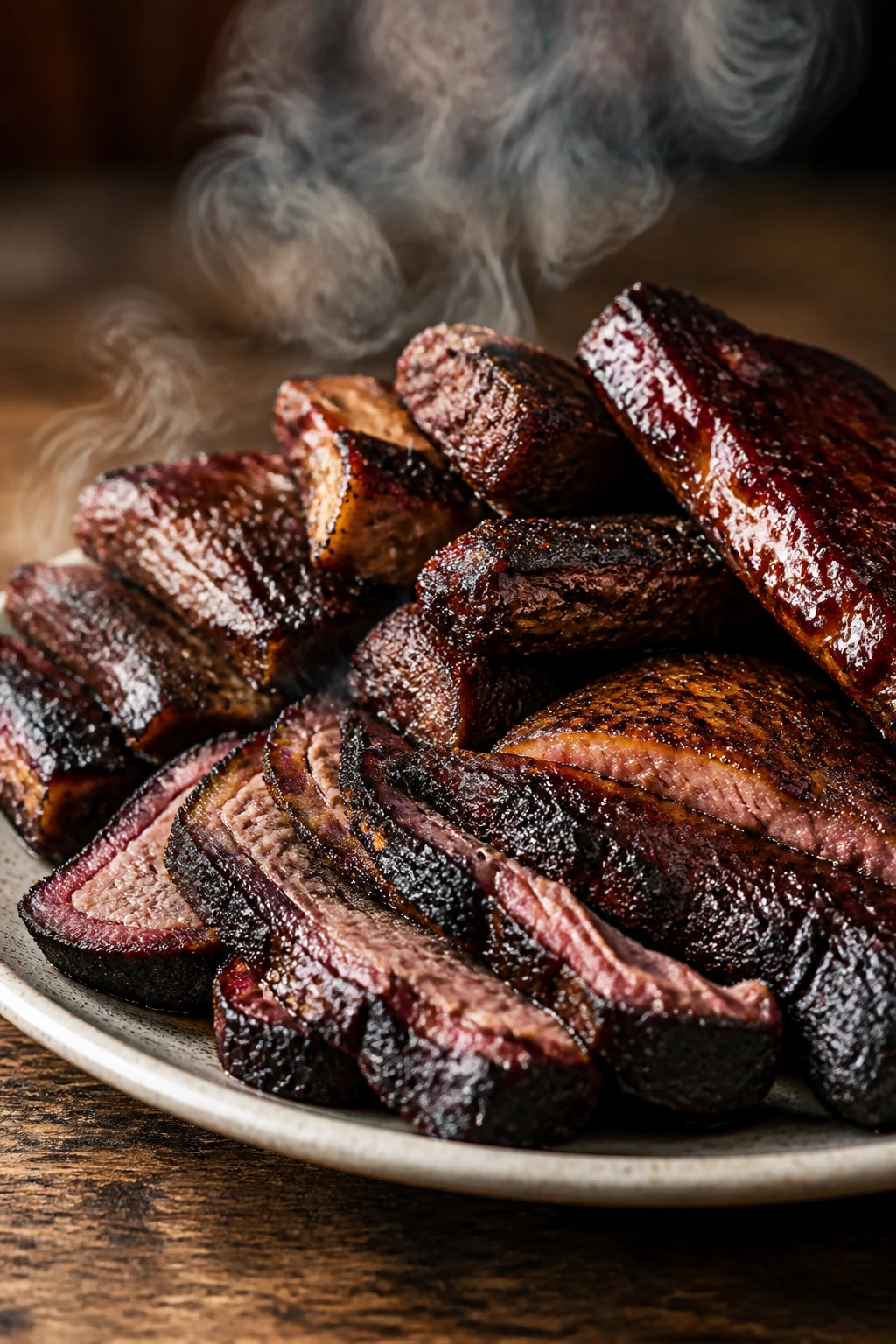 Close-up of a plate with smoked meats and dark bark on a wooden table with wisps of smoke