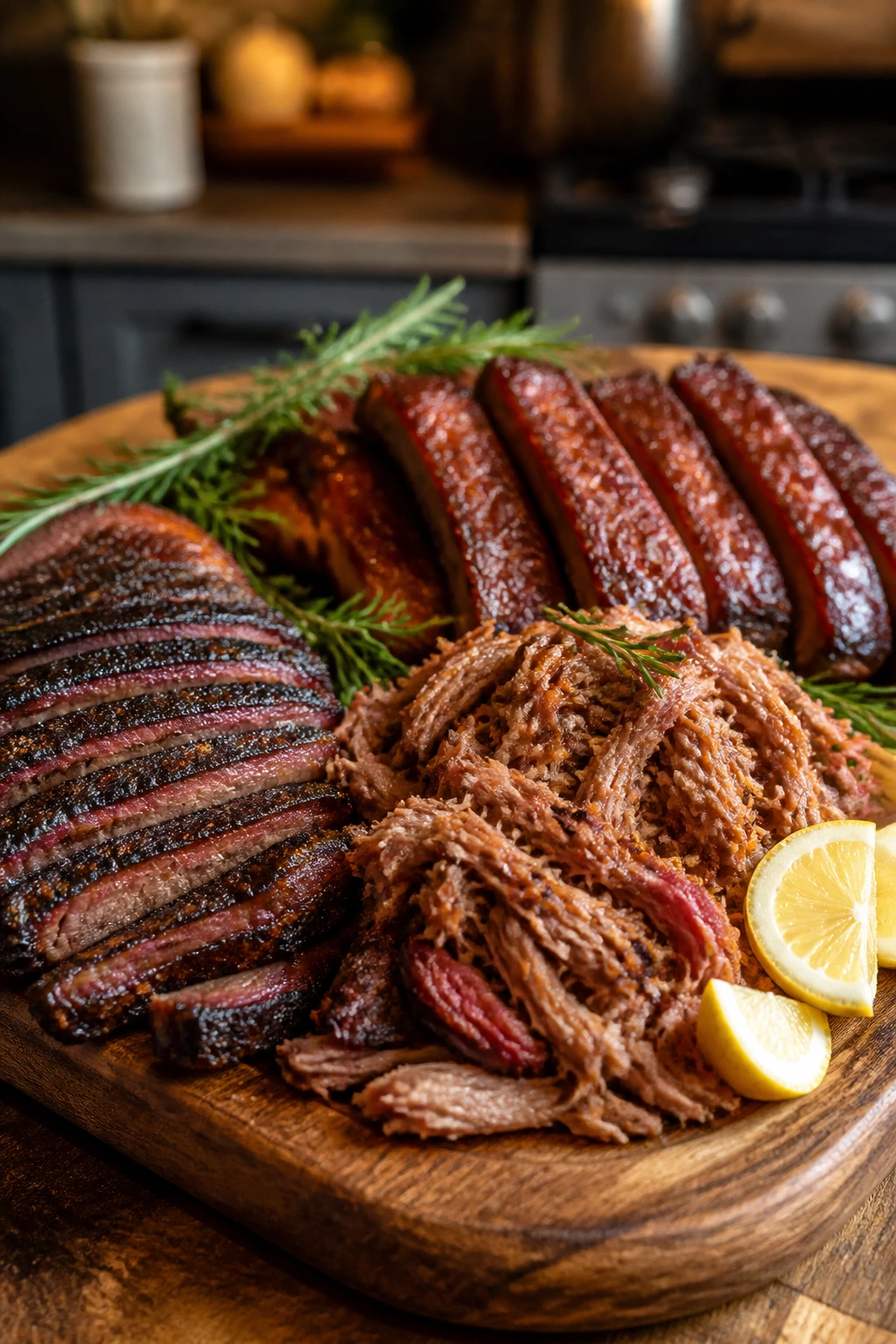 Close-up of smoked meat platter on wooden board with brisket, pulled pork, and ribs, garnished with herbs and lemon.