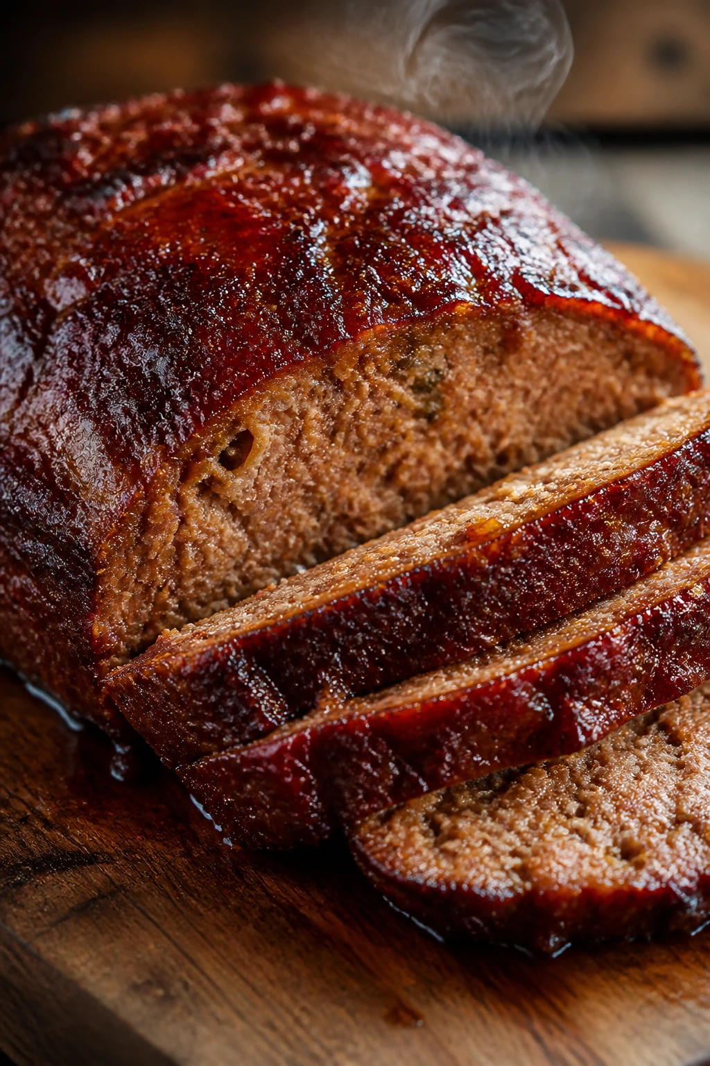 Close-up of glossy smoked meatloaf slices with tangy glaze on a wooden board