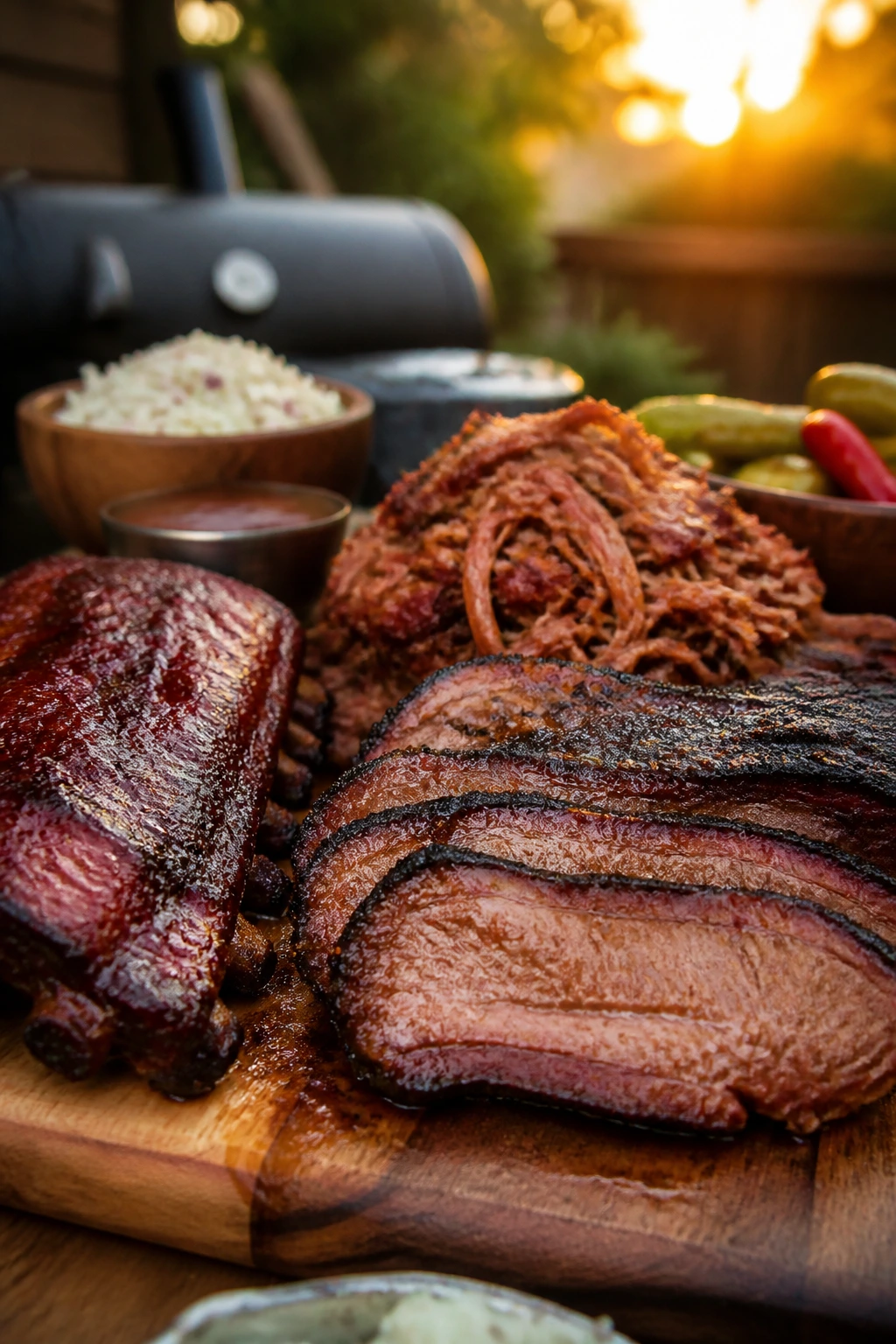 Smoked meat spread on rustic table with brisket, ribs, and pulled pork
