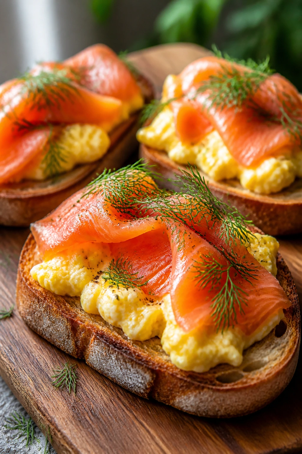 Close-up of smoked salmon dill egg toasts on wooden board