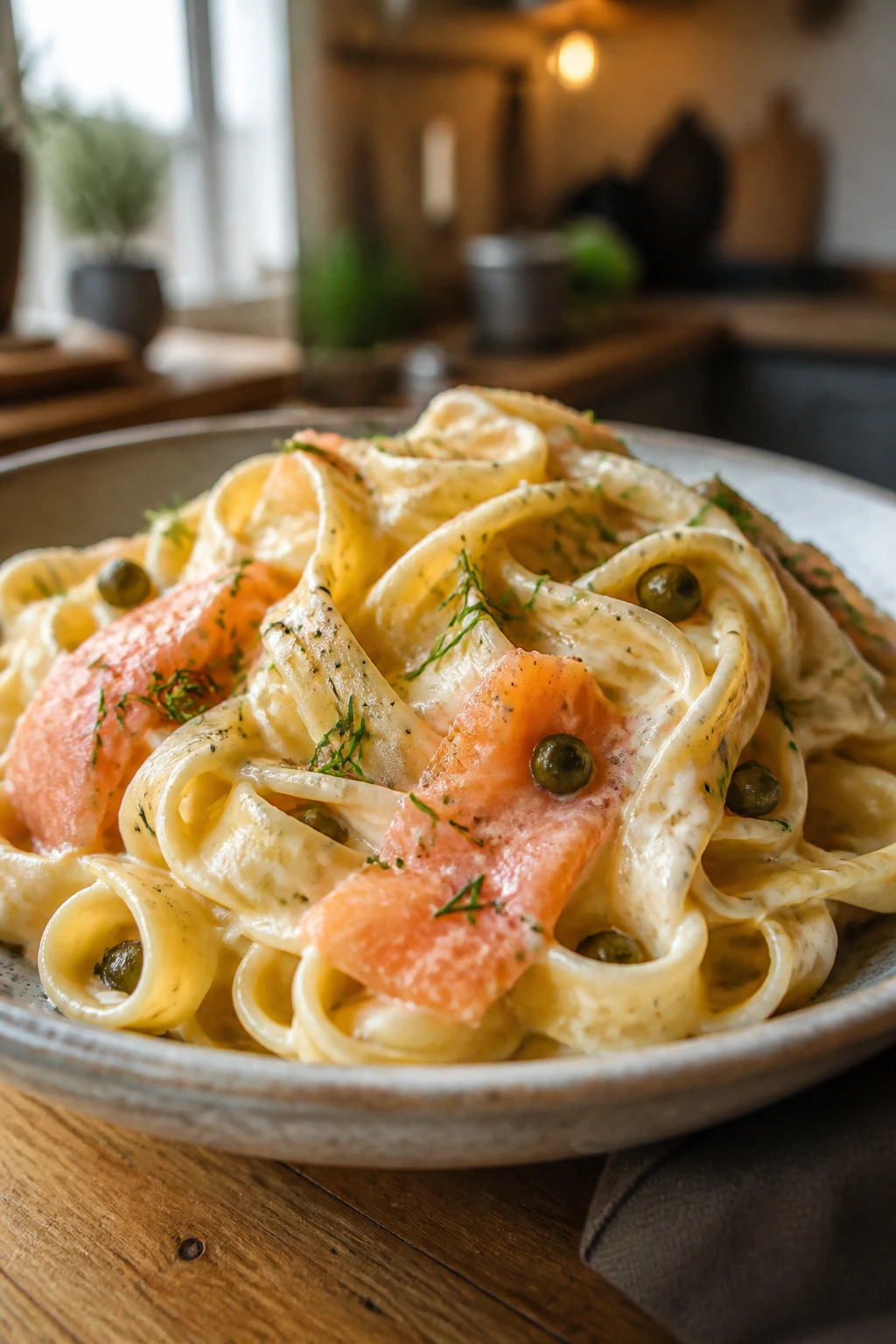Creamy smoked salmon fettuccine with pink salmon ribbons on a warm table