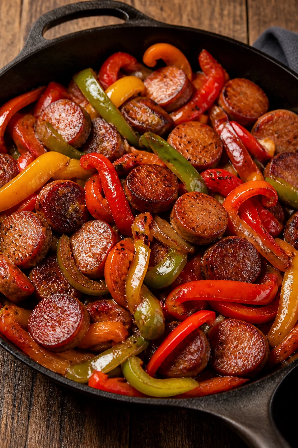 Close-up of sausage with peppers in a skillet