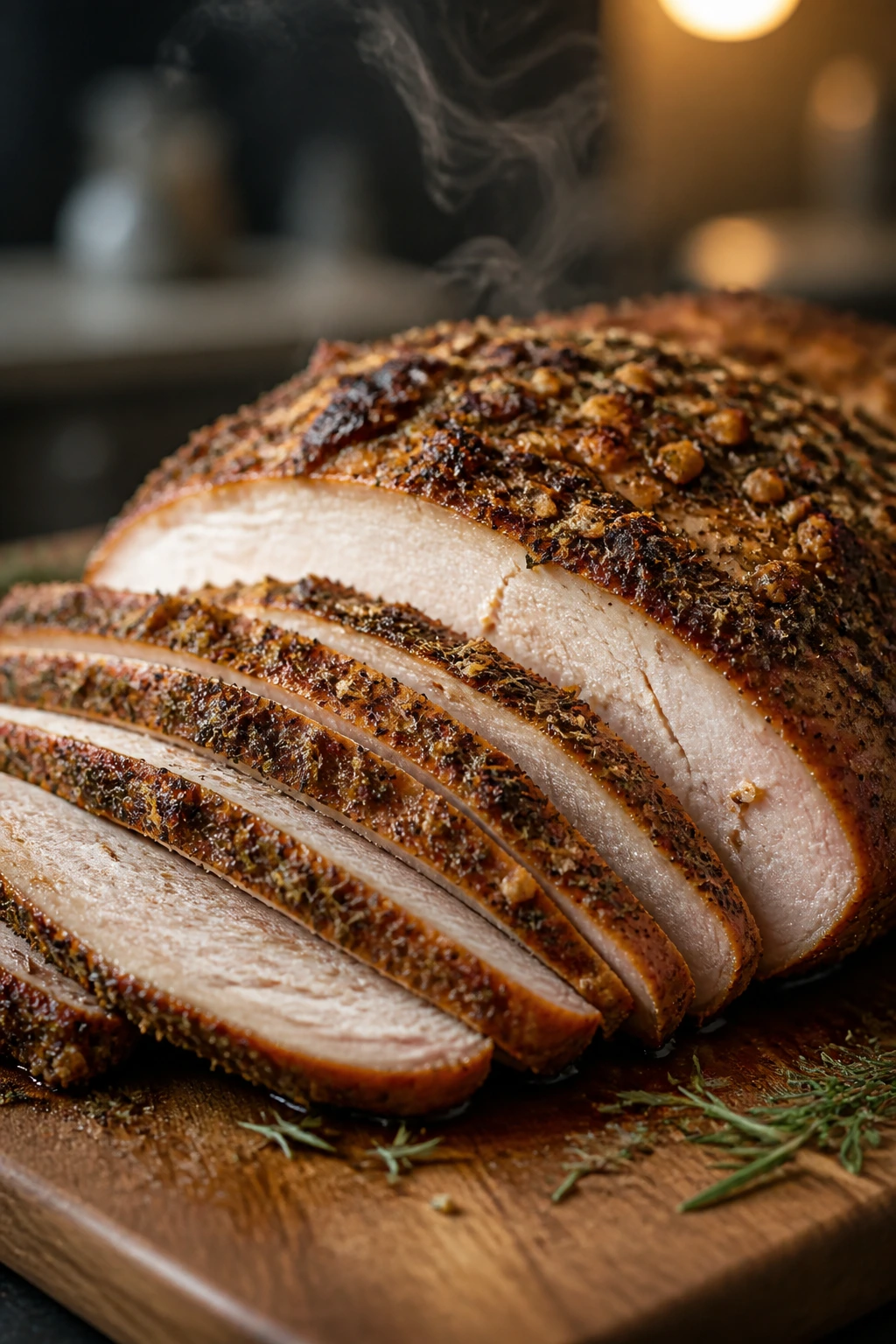 Close-up of smoked turkey breast with garlic and herbs on a cutting board