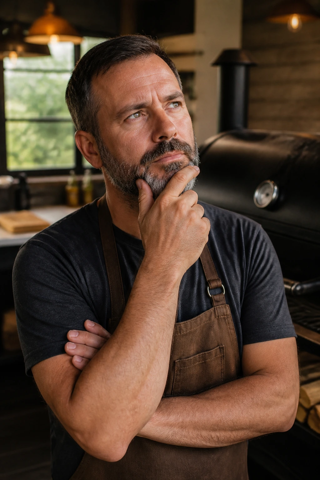 Portrait of a home cook contemplating before starting the fire.