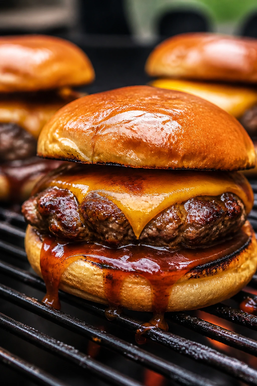 Close-up of a juicy smoky BBQ cheeseburger with cheddar and BBQ sauce