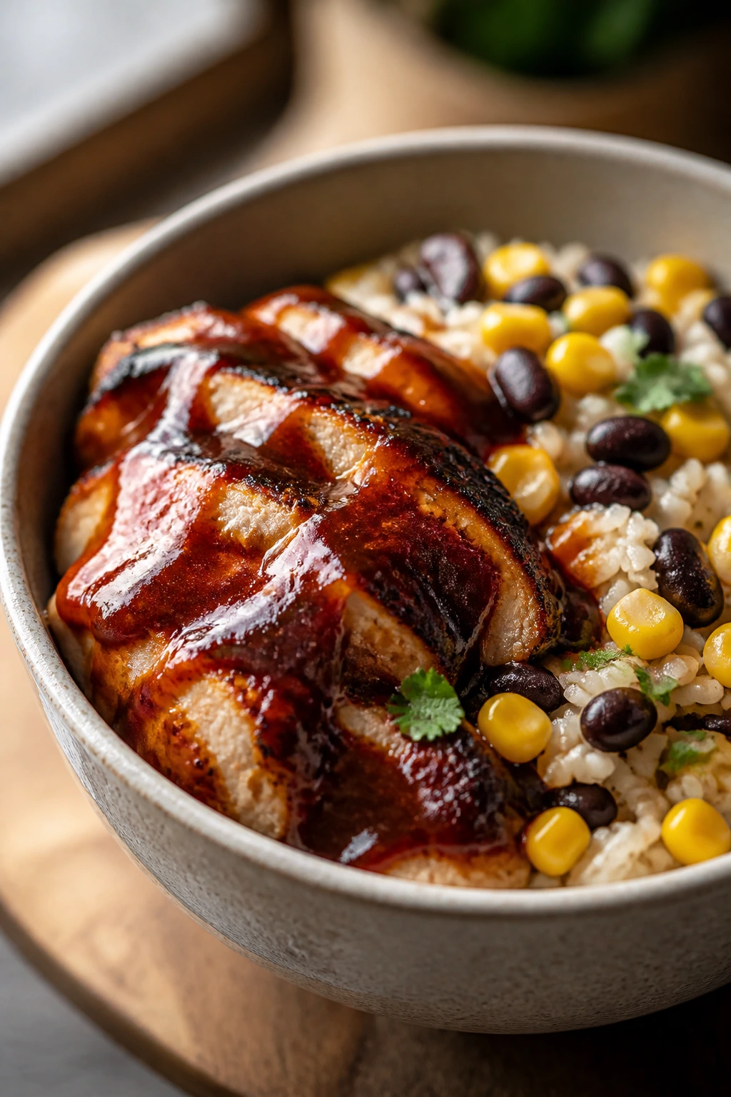 Close-up of smoky BBQ chicken rice bowl with corn and beans on a wooden table