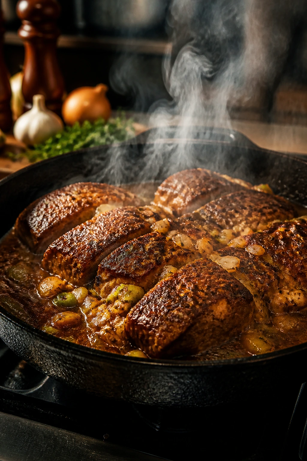 Cast-iron skillet with browned meat and smoky sauce in a warm kitchen