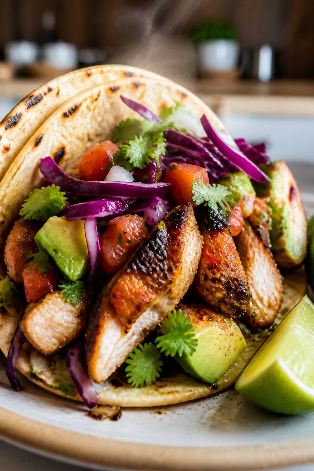 Close-up of smoky chicken taco with avocado and cabbage on a bright kitchen counter