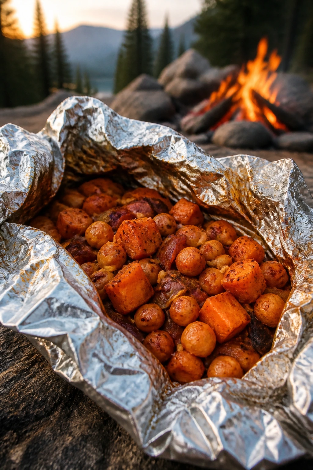 Smoky chickpea and sweet potato packet in outdoor campsite.