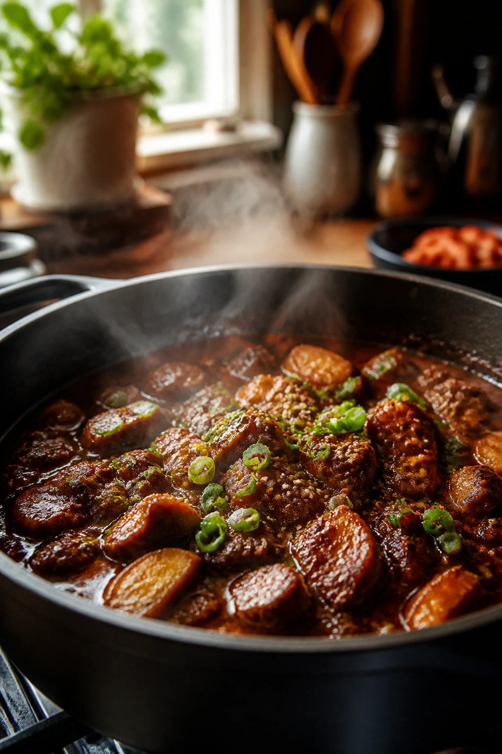 Close-up of a steaming pot with smoky glaze representing smoky Korean-inspired dinners