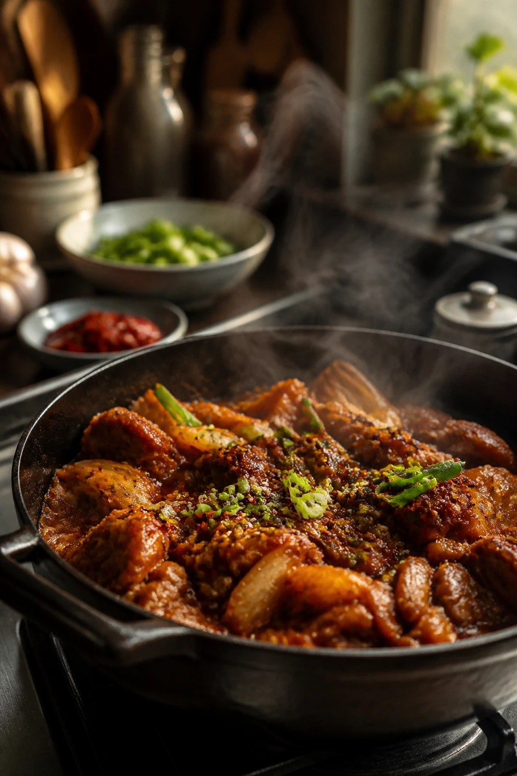 Cozy kitchen with steaming pot showcasing smoky Korean dinners