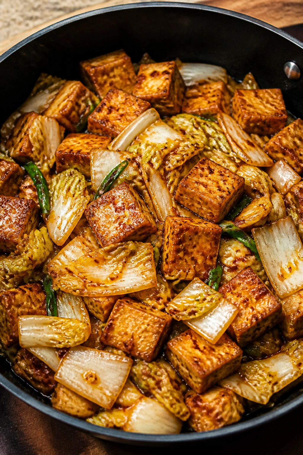 Close-up of smoky tofu with napa cabbage stir-fry in a pan