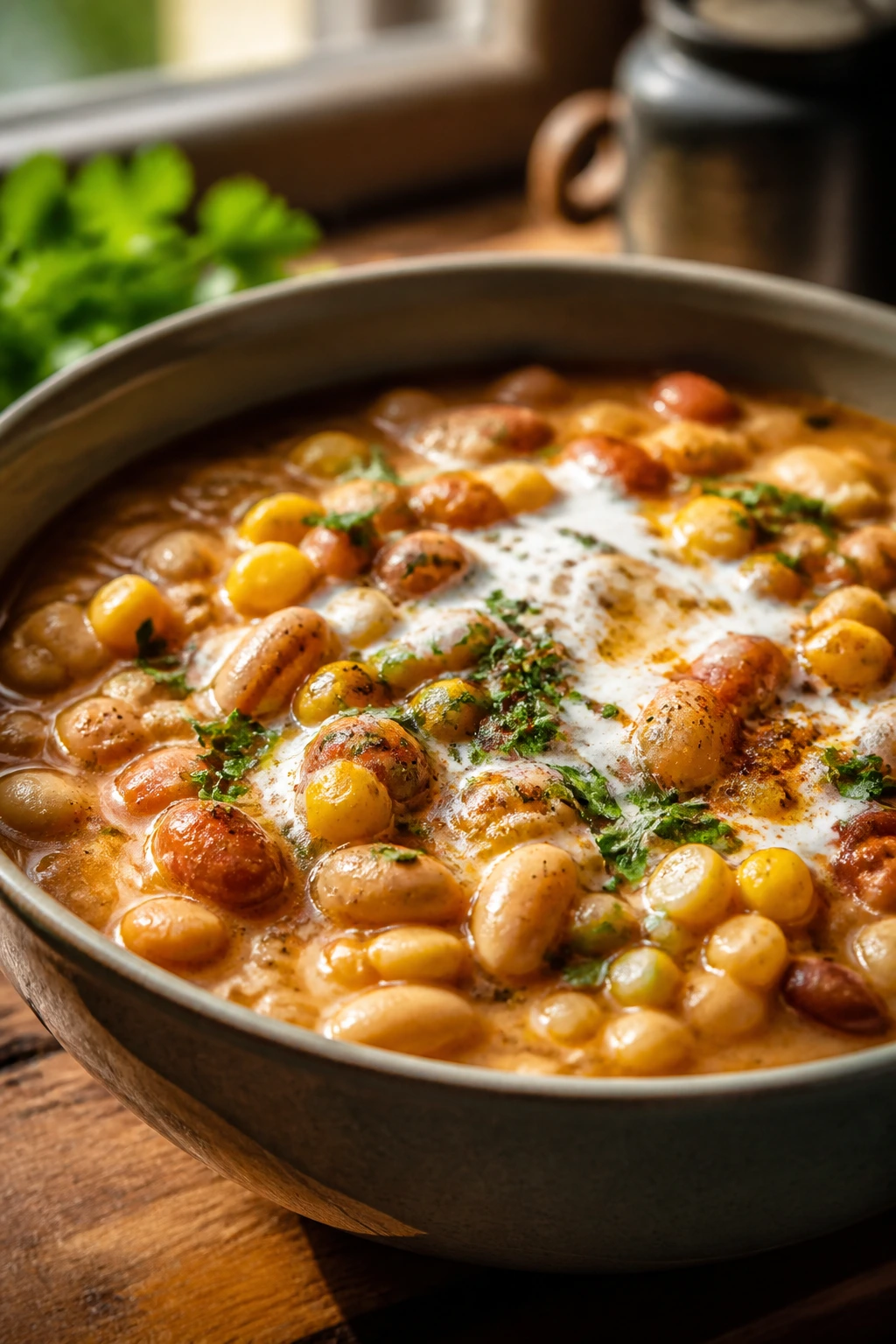 Steaming bowl of smoky white bean chili with corn and yogurt swirl in a warm kitchen