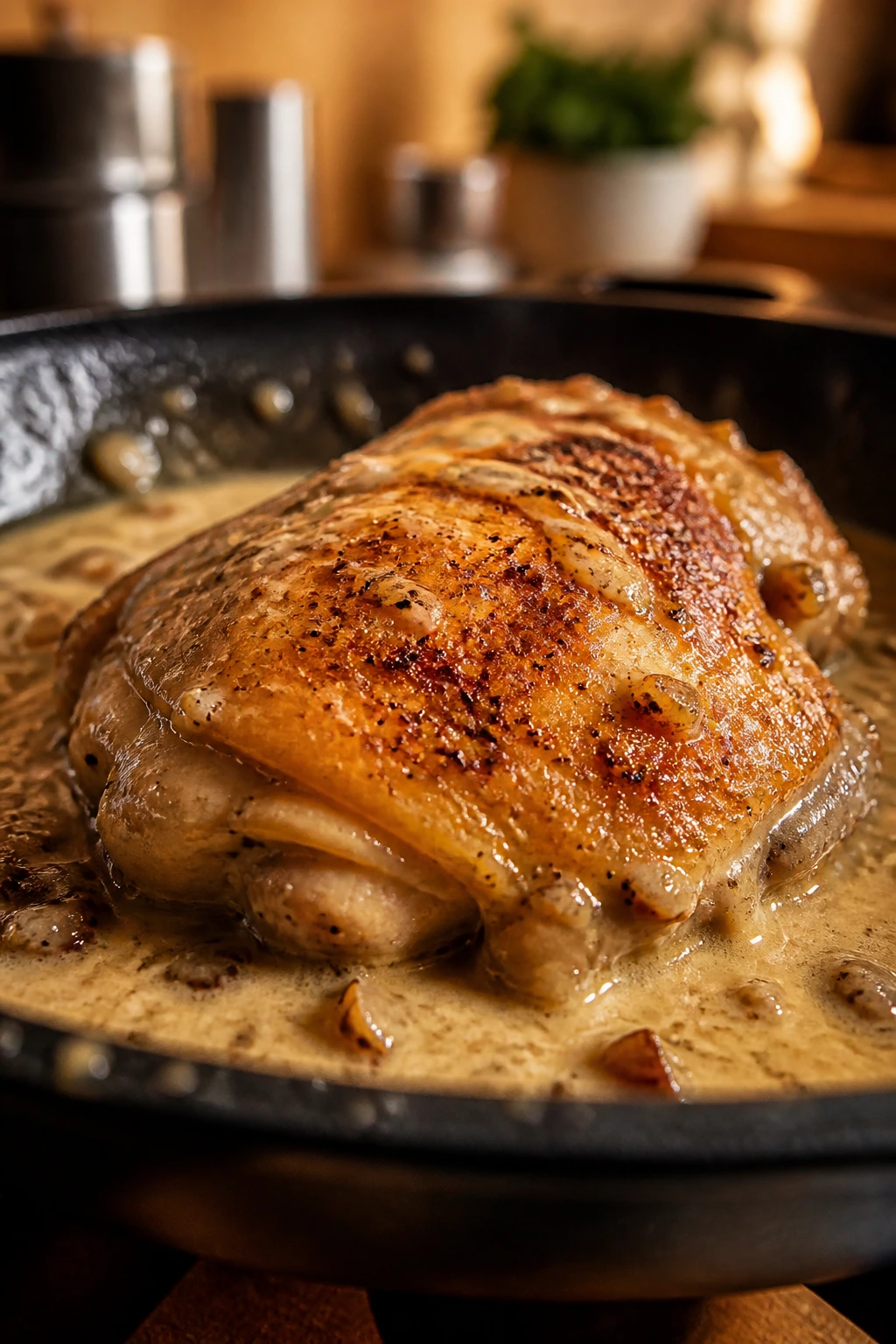 Close-up of a single chicken thigh browning in a skillet in a warm home kitchen