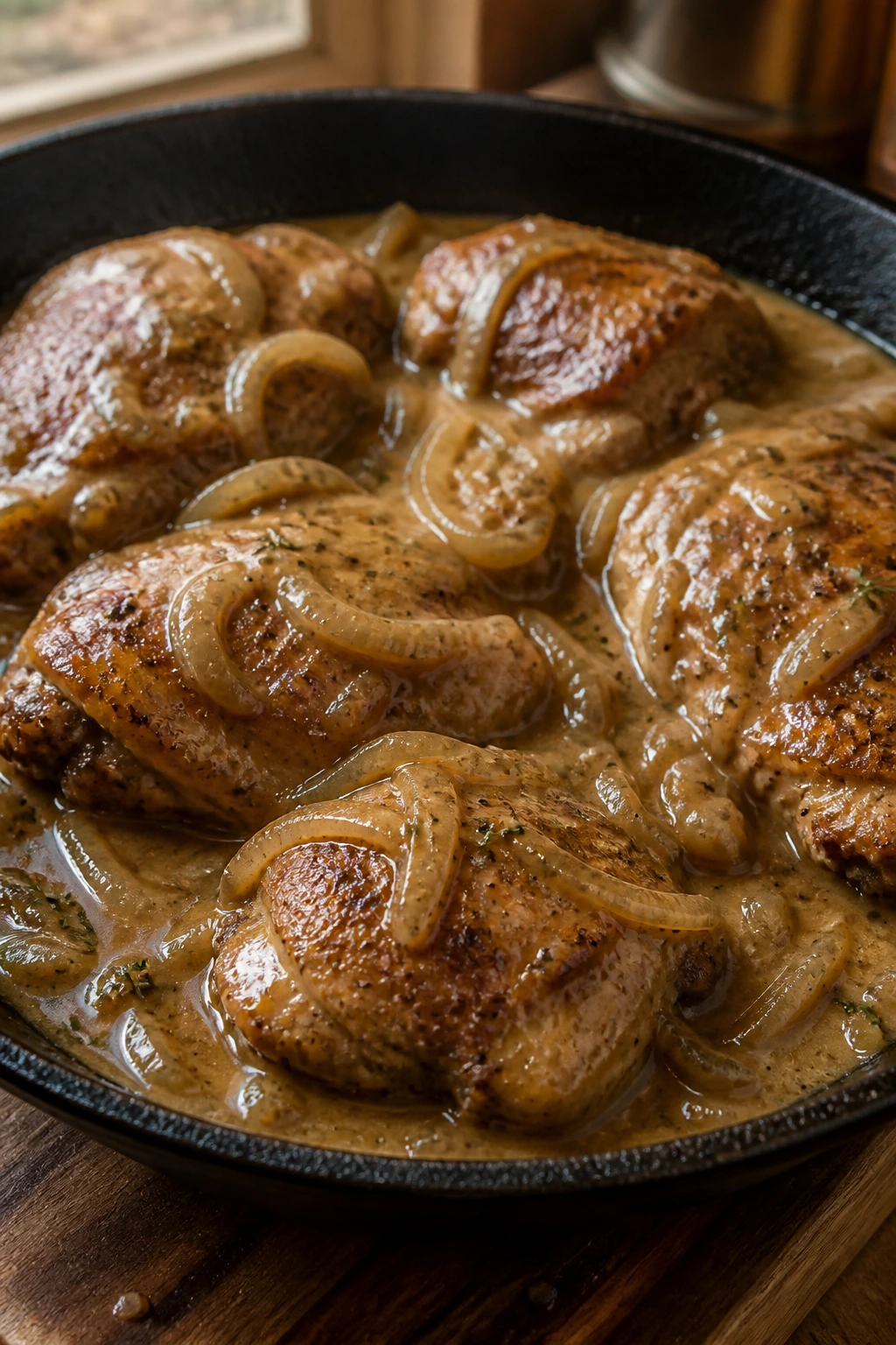 Close-up of bone-in chicken thighs in onion gravy in a cast-iron skillet