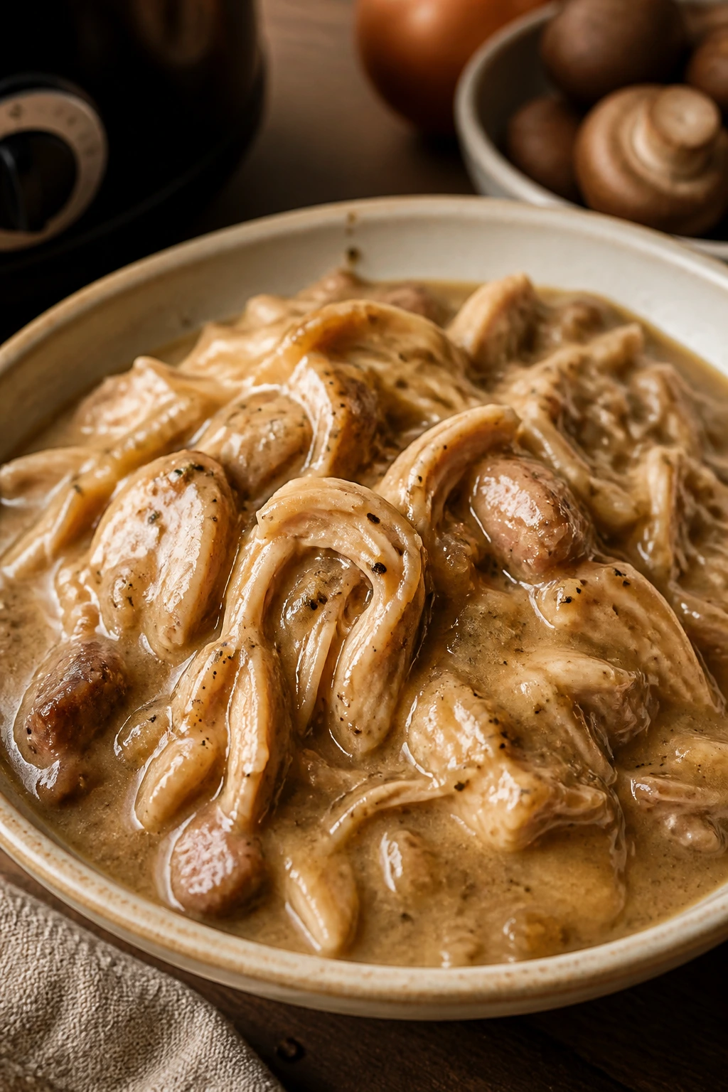 Close-up of shredded chicken in gravy in a bowl