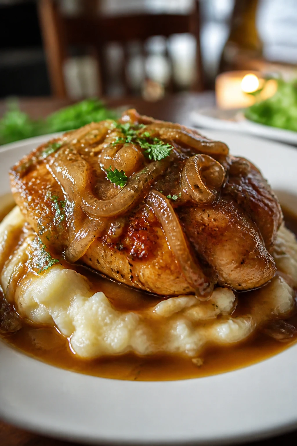 Plate of smothered chicken with onion gravy on mashed potatoes