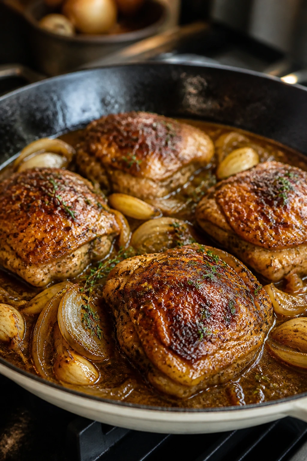 Pan with browned chicken and aromatics in smothered sauce