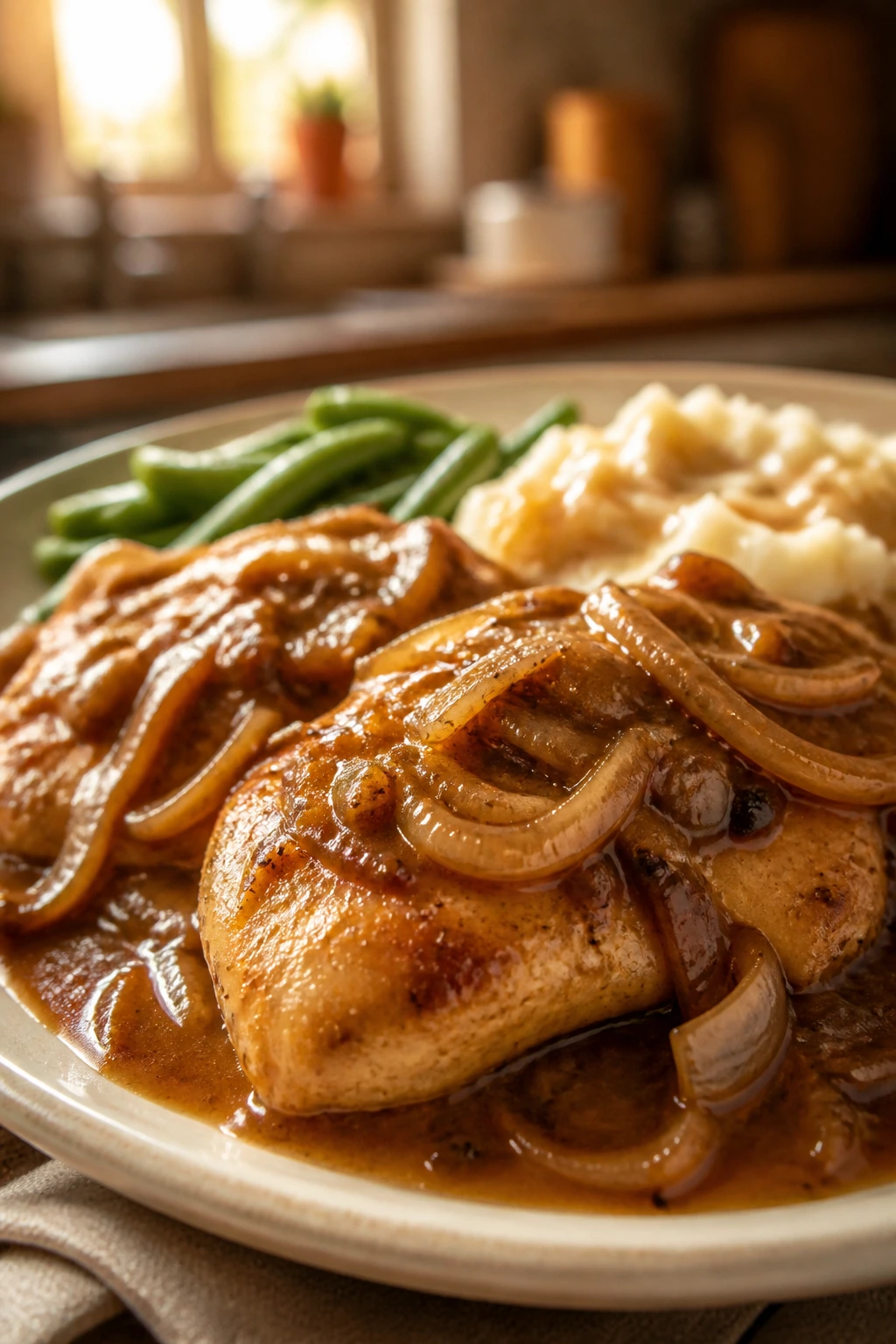 Close-up of smothered chicken with onion gravy on a plate in a cozy kitchen