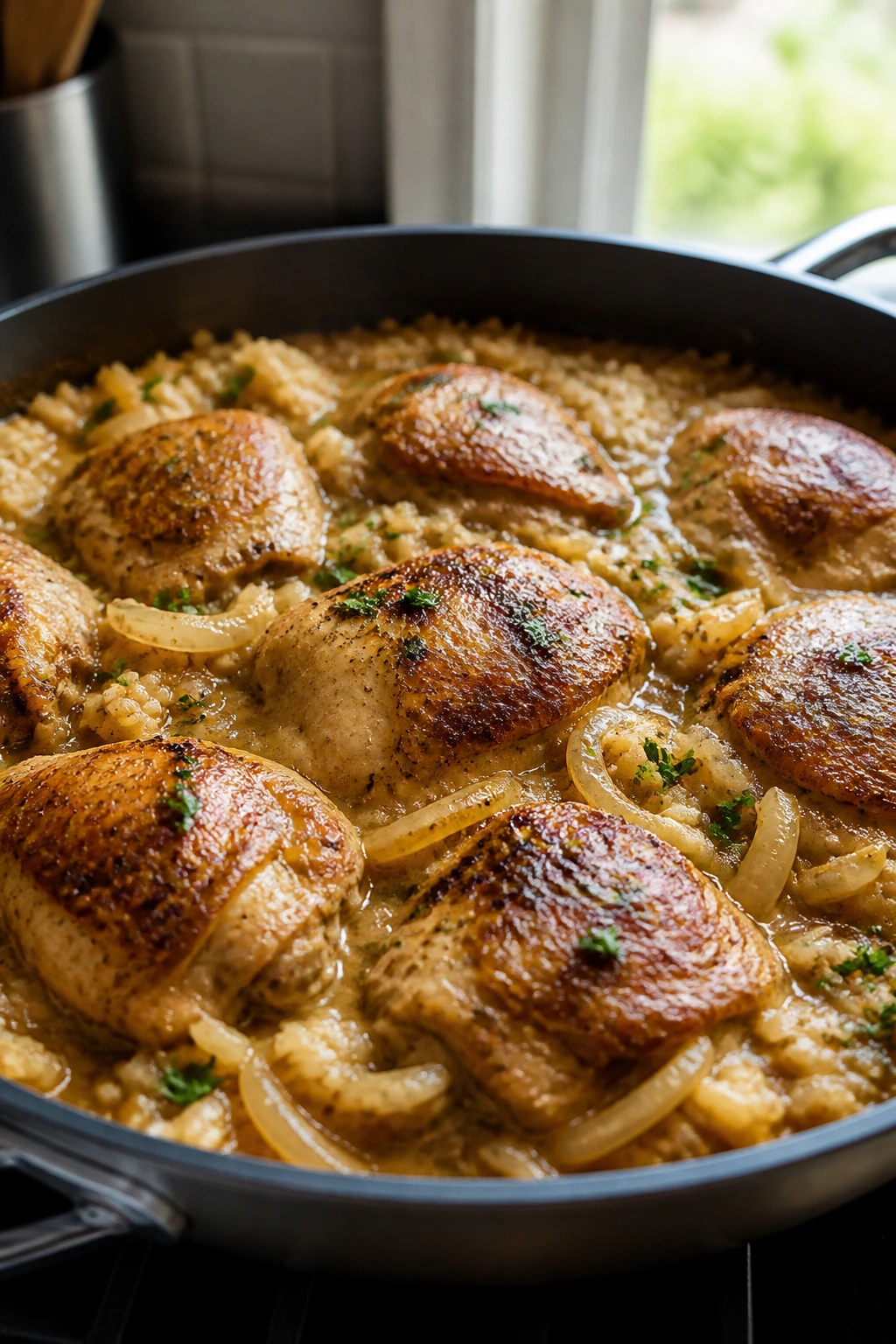Smothered chicken over rice in skillet casserole close-up