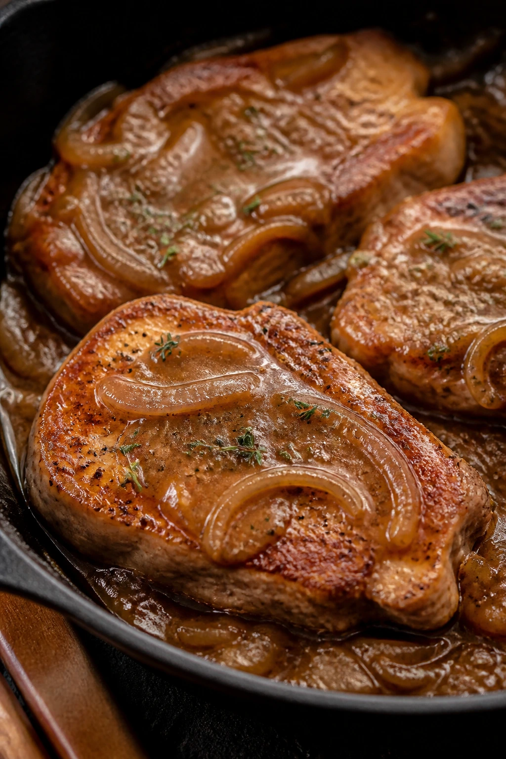 Close-up of pork chops in brown gravy in a skillet