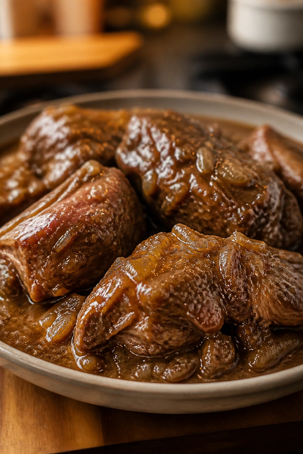 Braised turkey necks in thick gravy on a plate