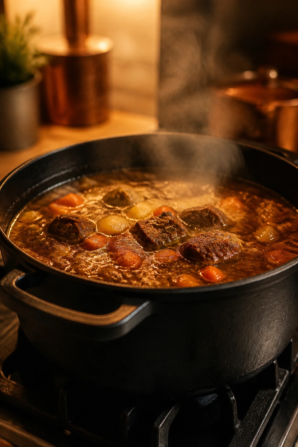 Close-up of a simmering cast-iron pot in a cozy kitchen
