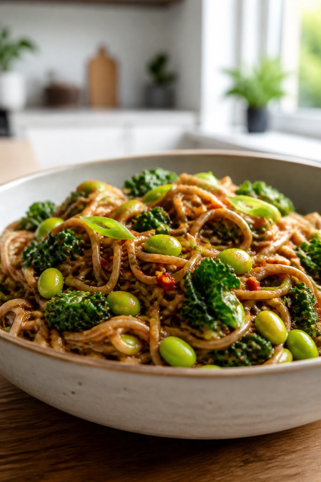 Close-up of soba noodle stir-fry with edamame and kale in a bowl