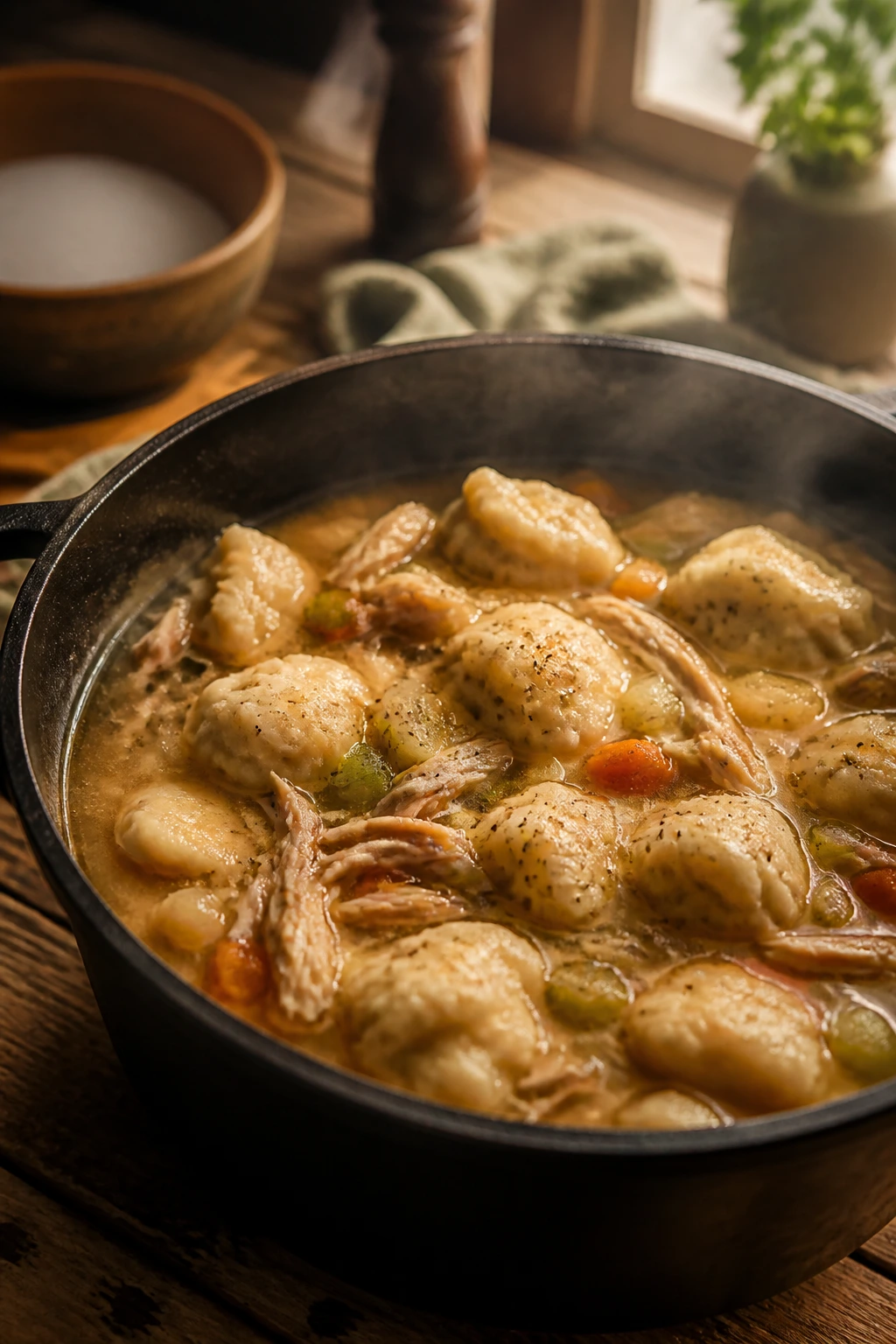 Close-up of a steaming chicken and dumplings pot in a rustic kitchen conveying cozy Southern supper