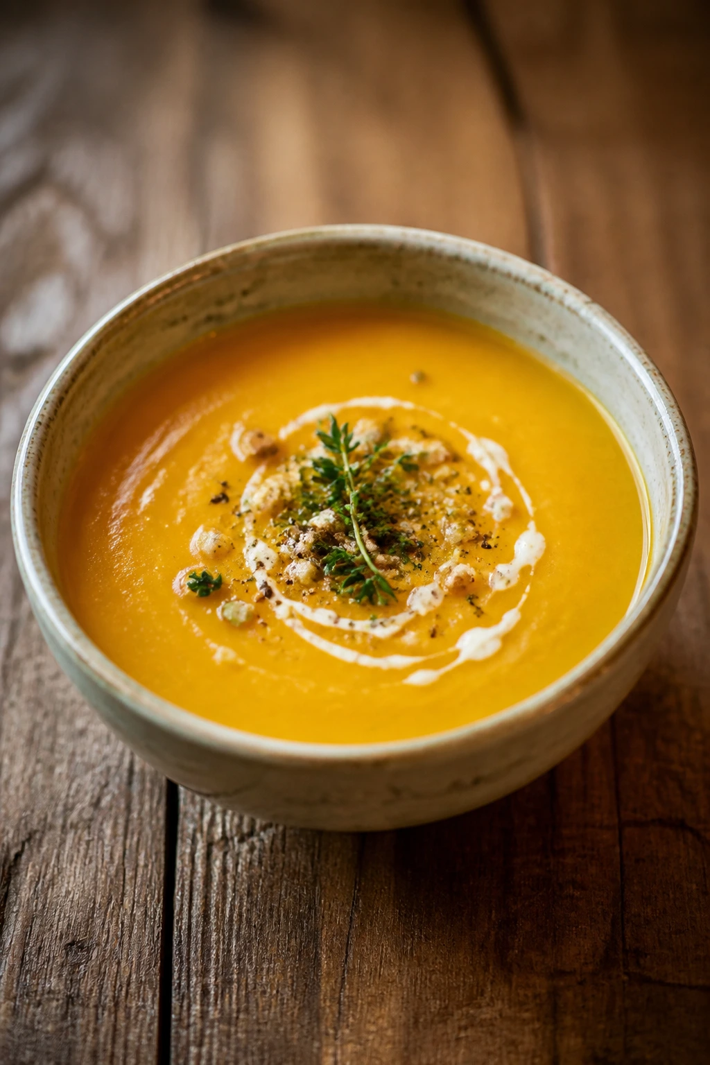 Elegant bowl of soup on a rustic table with gentle lighting