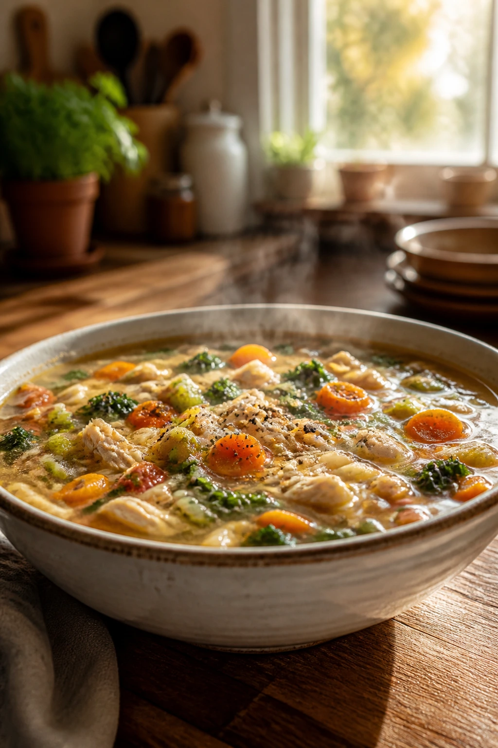 Close-up of steaming soup in a wide bowl on rustic kitchen counter
