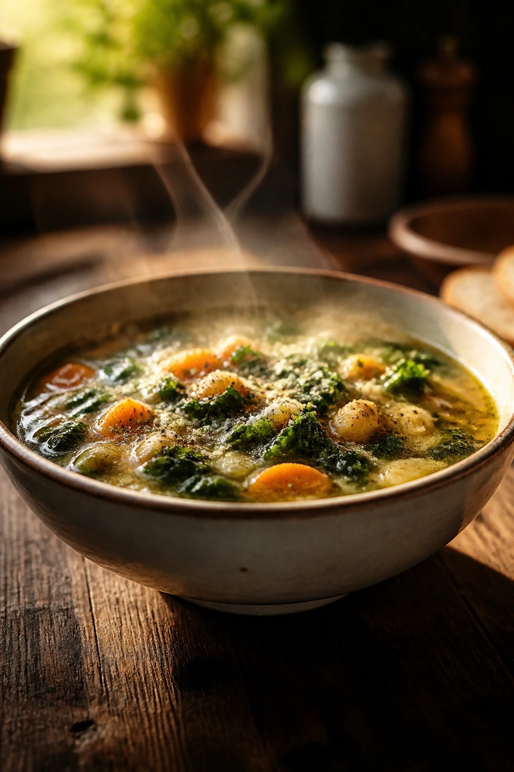Close-up of a steaming soup bowl on a rustic table in a cozy kitchen