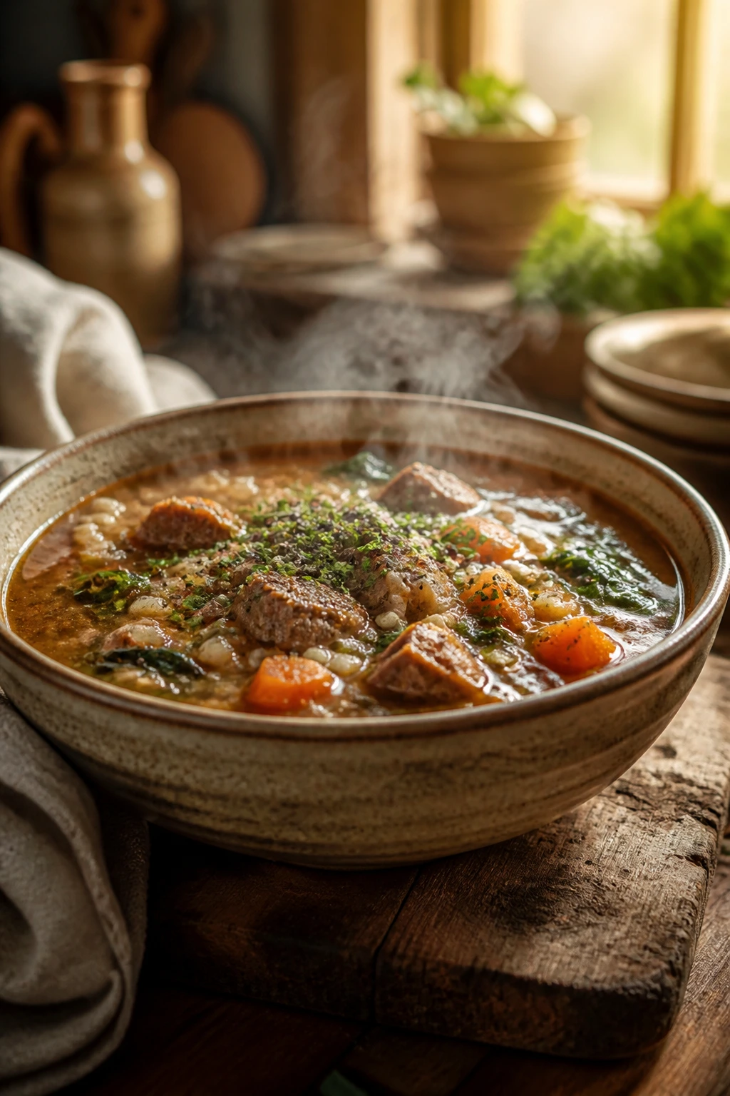 Close-up of a steaming hearty soup bowl with meat, vegetables, and grains in a rustic kitchen.