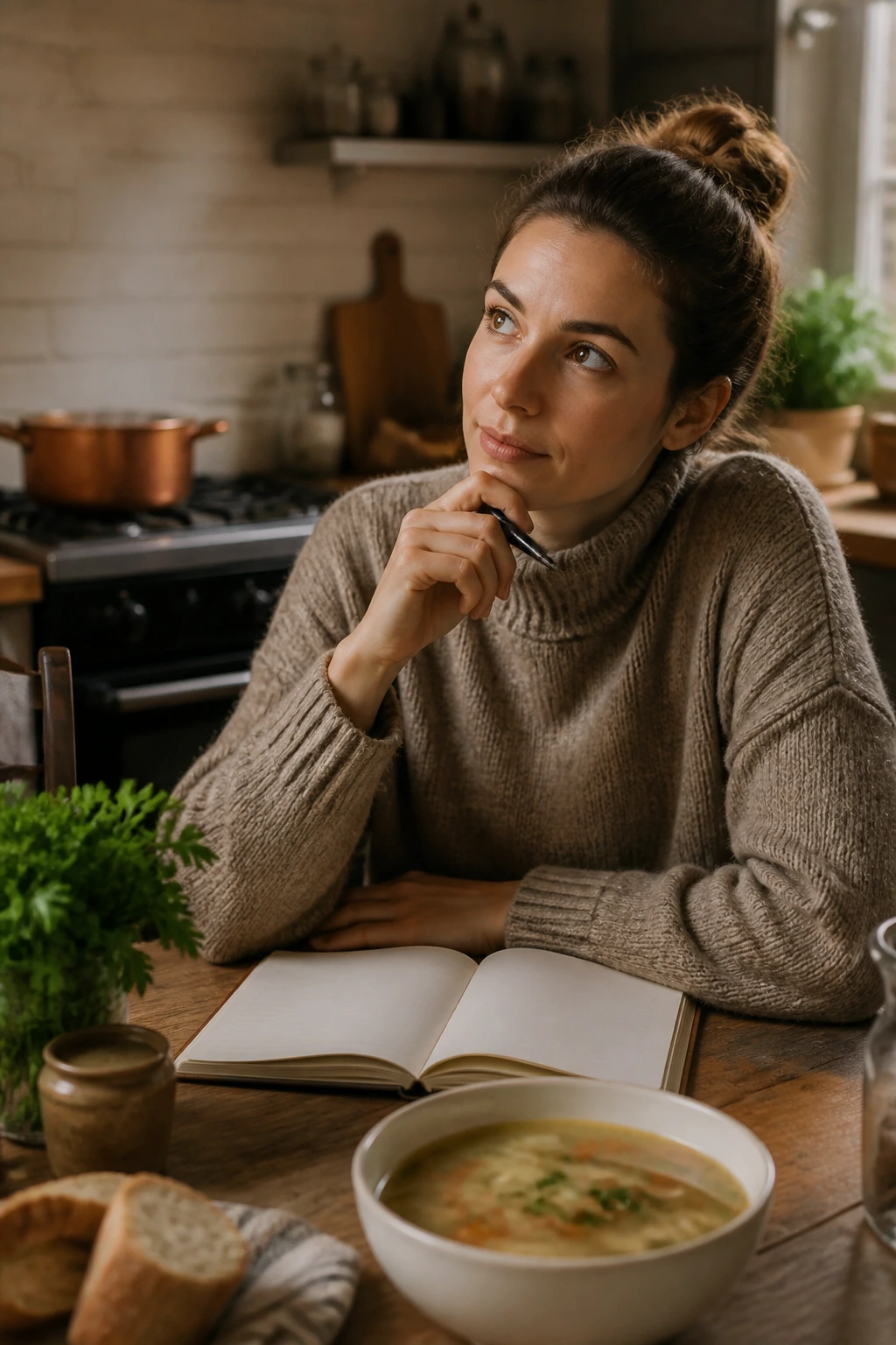 Real person in a cozy kitchen imagining questions about cozy soup dinners