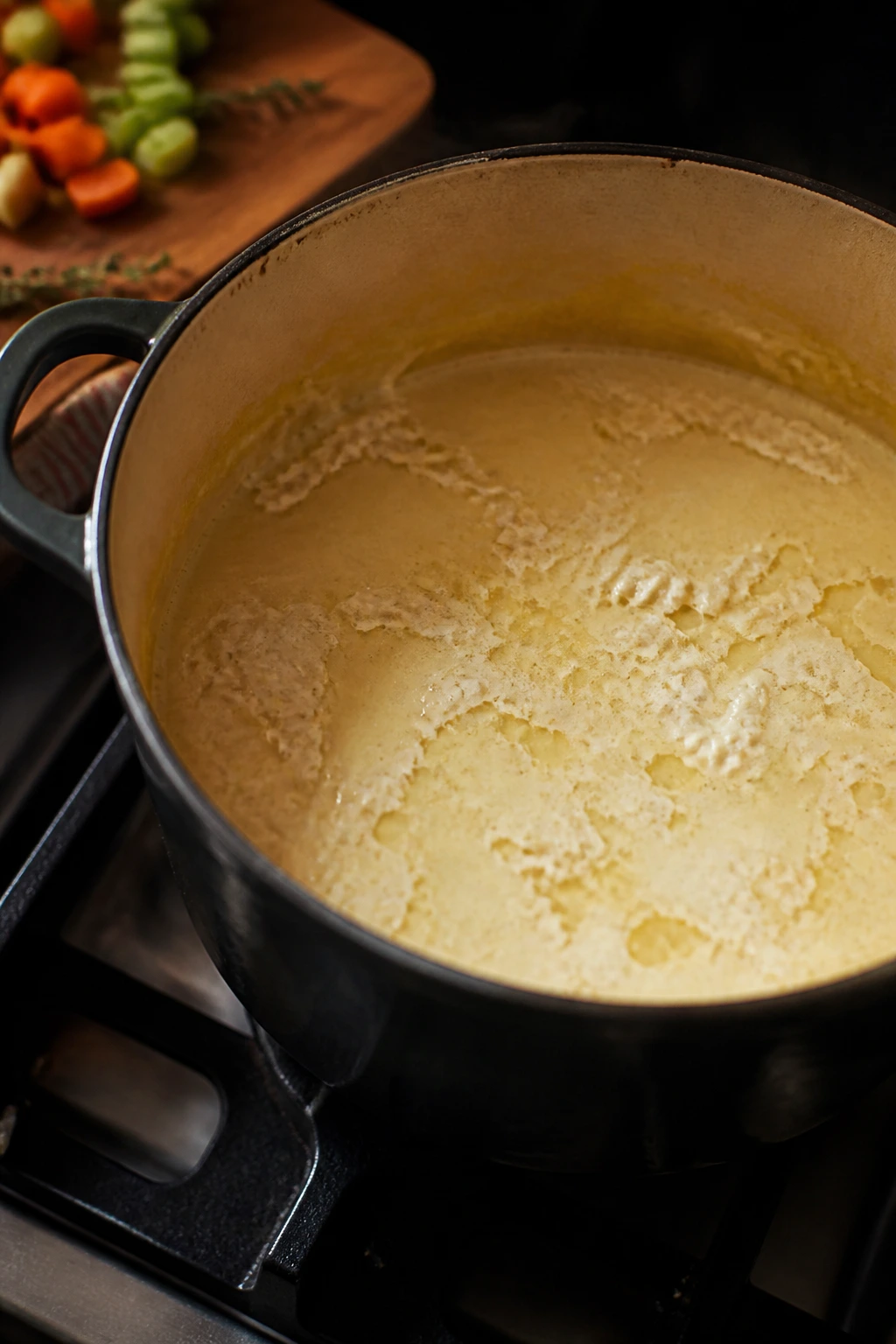 Close-up of soup in pot illustrating common mistakes like curdling due to high heat