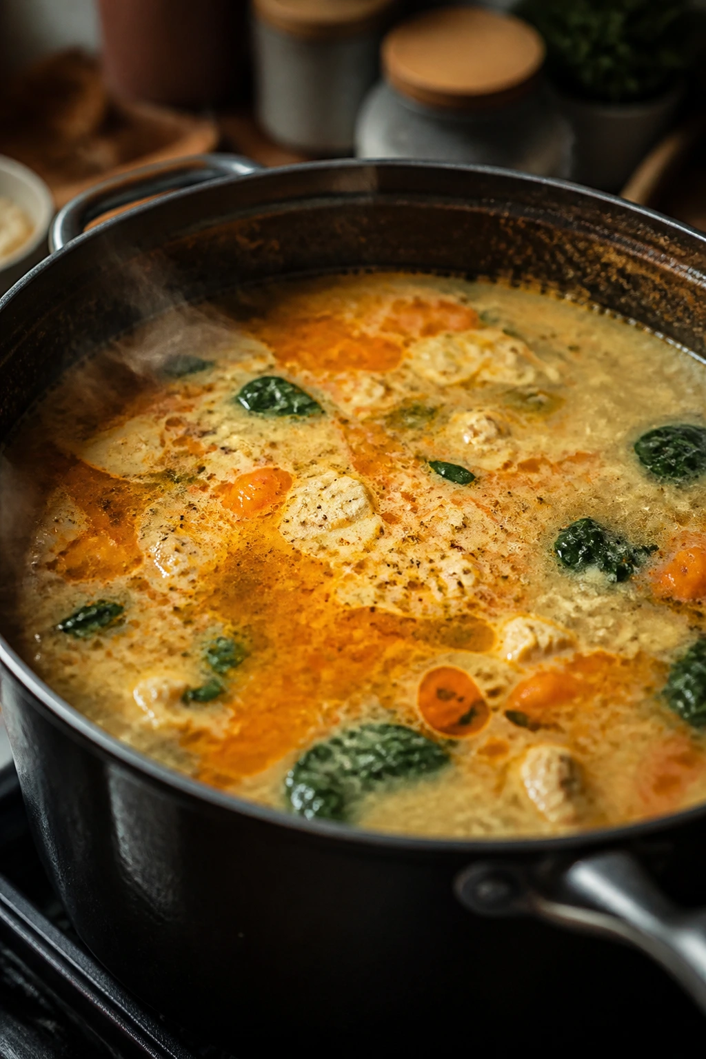 Close-up of a soup pot showing dairy separation indicating common mistakes