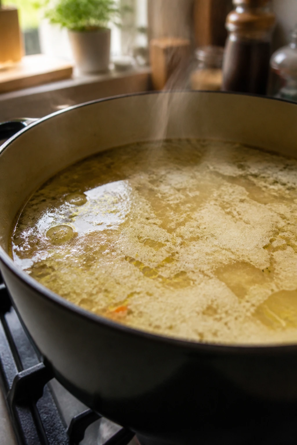 Close-up of a pot with thin soup and dairy separation in a warm kitchen