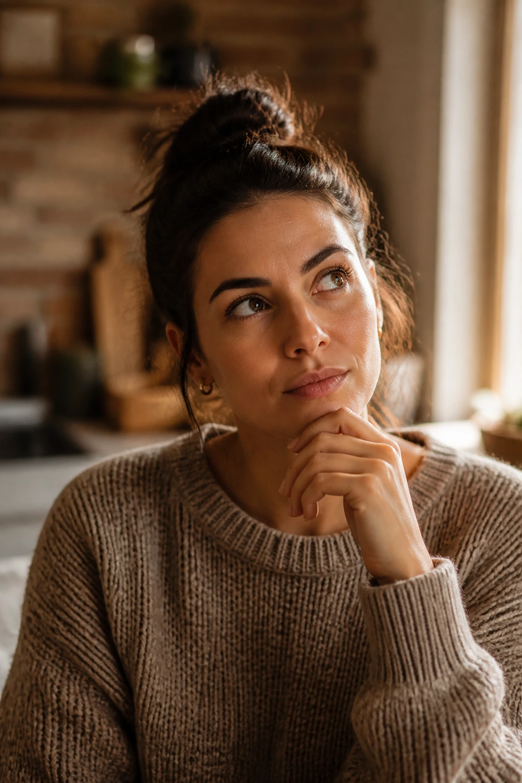 Portrait of a real person in a kitchen contemplating soup