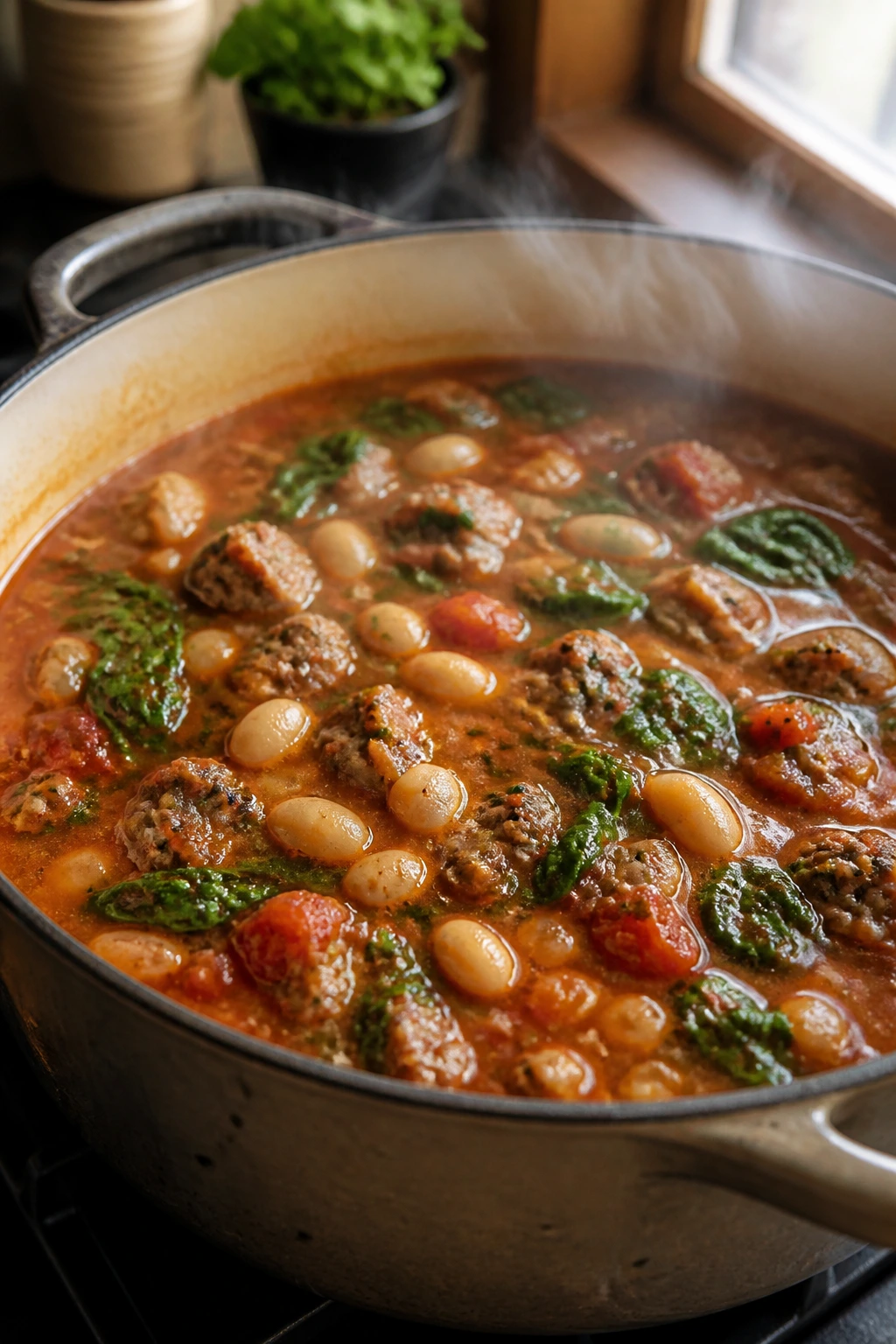 Rustic pot of Italian sausage and white bean soup simmering on a stove.