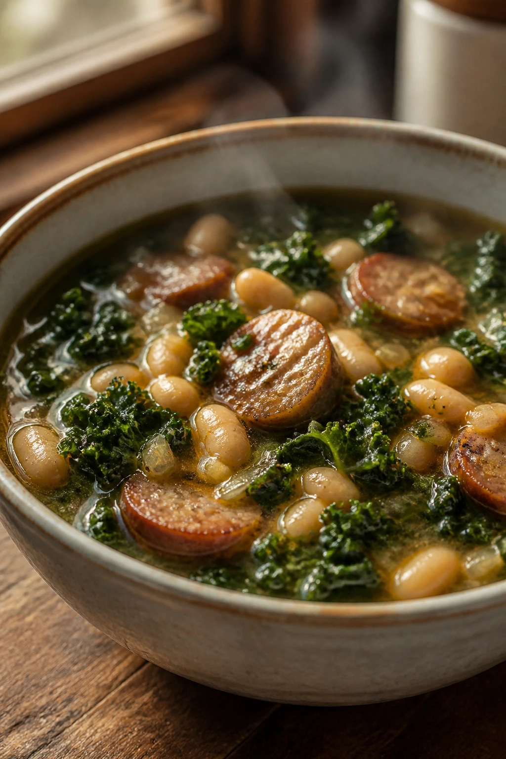 Close-up of a steaming bowl of sausage, white bean, and kale soup with sausage, beans, and greens in broth