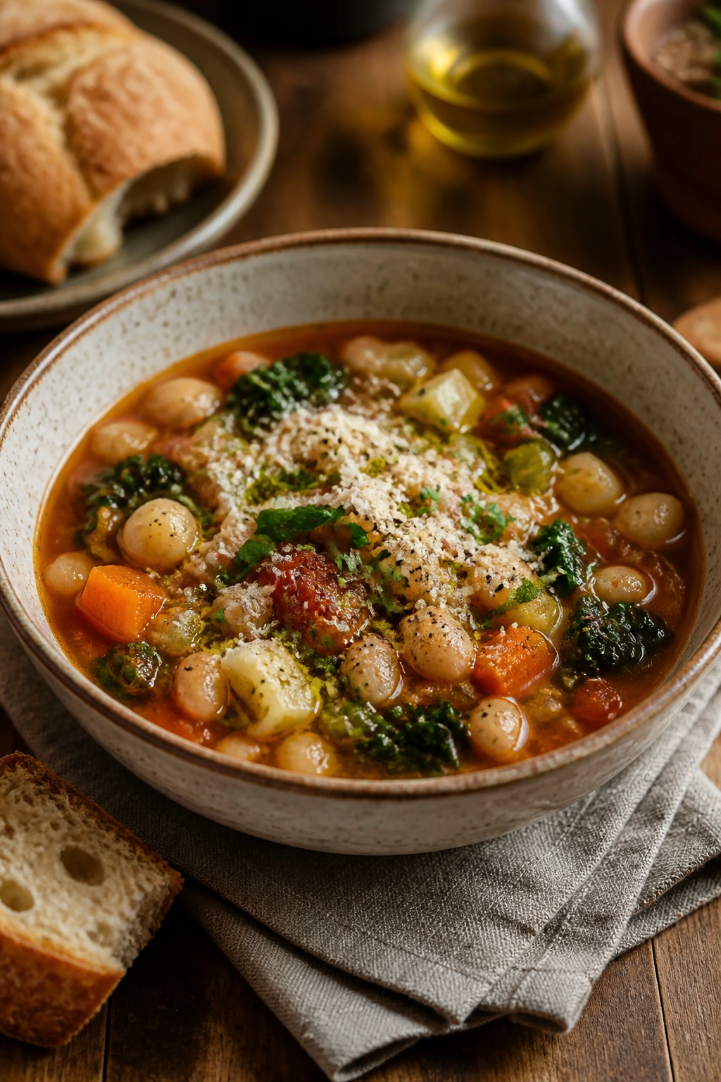 Plated soup in a rustic bowl with toppings