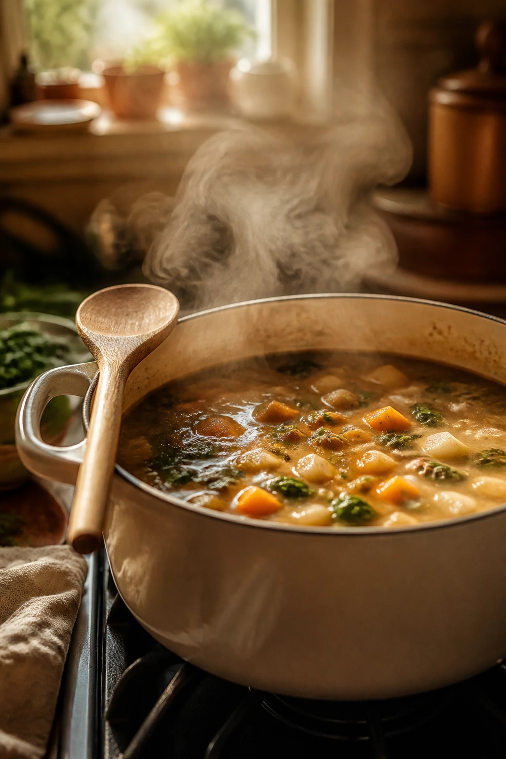 Steaming pot of soup on a cozy stove in a sunlit kitchen.