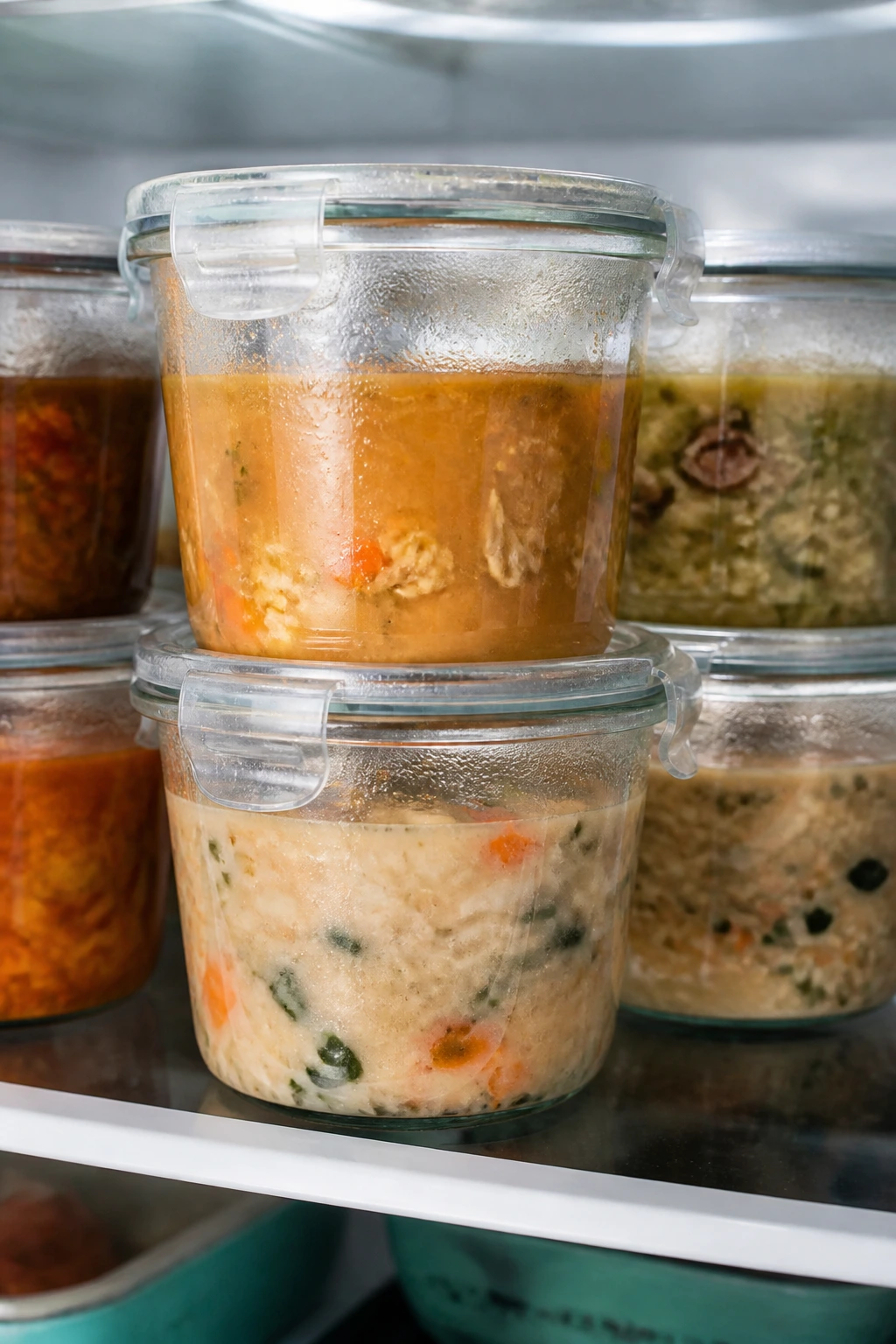 Close-up of airtight soup jars in a fridge, illustrating make-ahead storage guidance