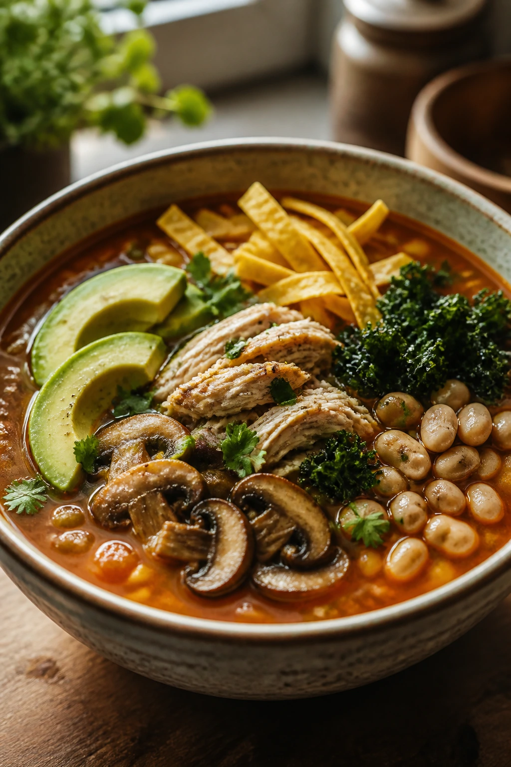 Close-up of a bowl of soup with diverse toppings illustrating variations