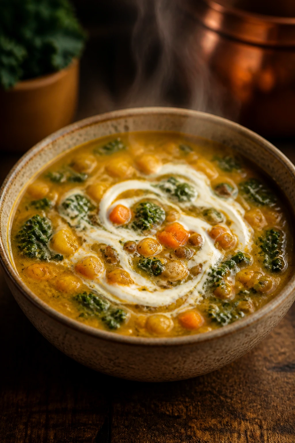 Close-up of a soup bowl with varied textures suggesting adaptations