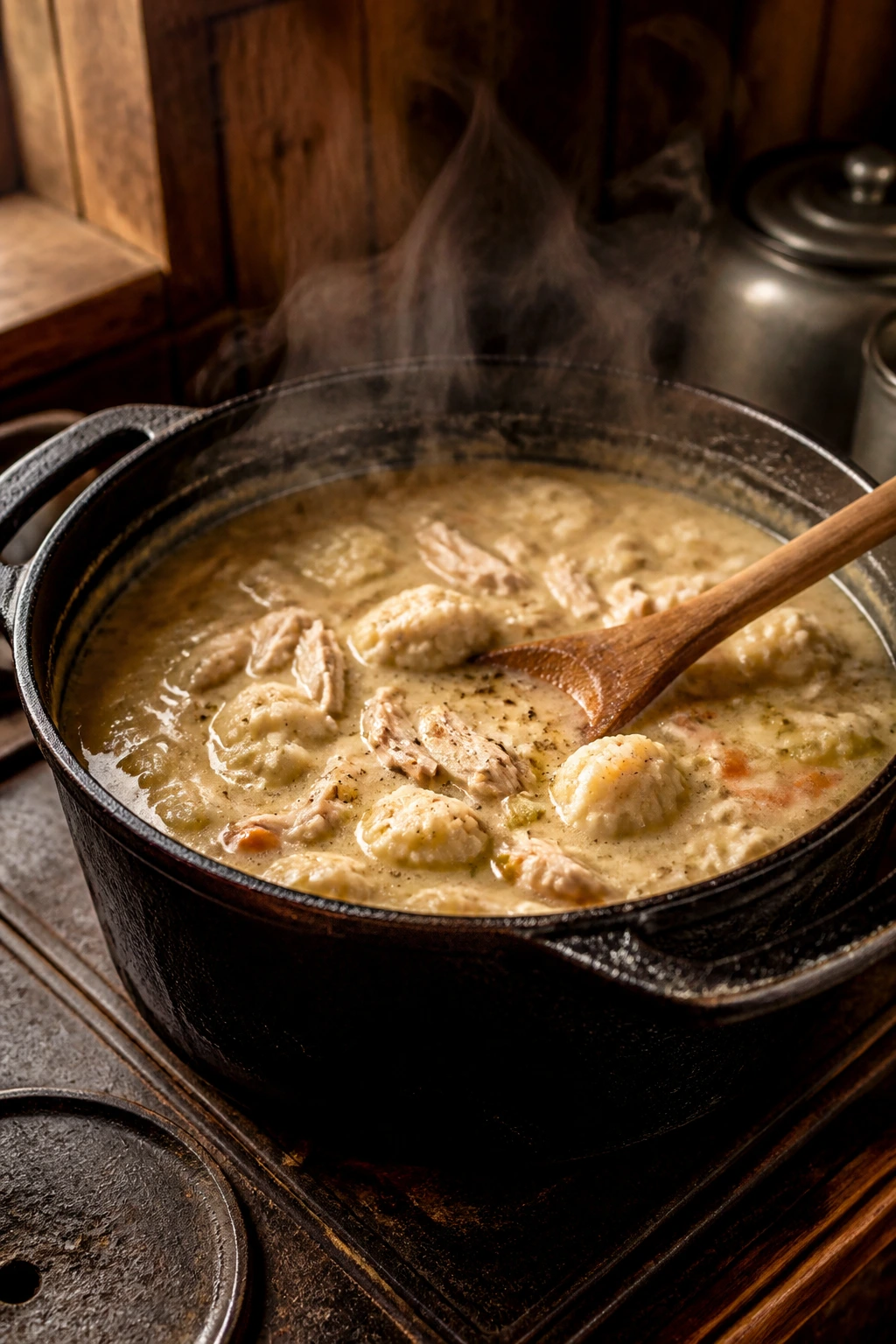 Cozy kitchen pot simmering with southern dinner flavors on a quiet night