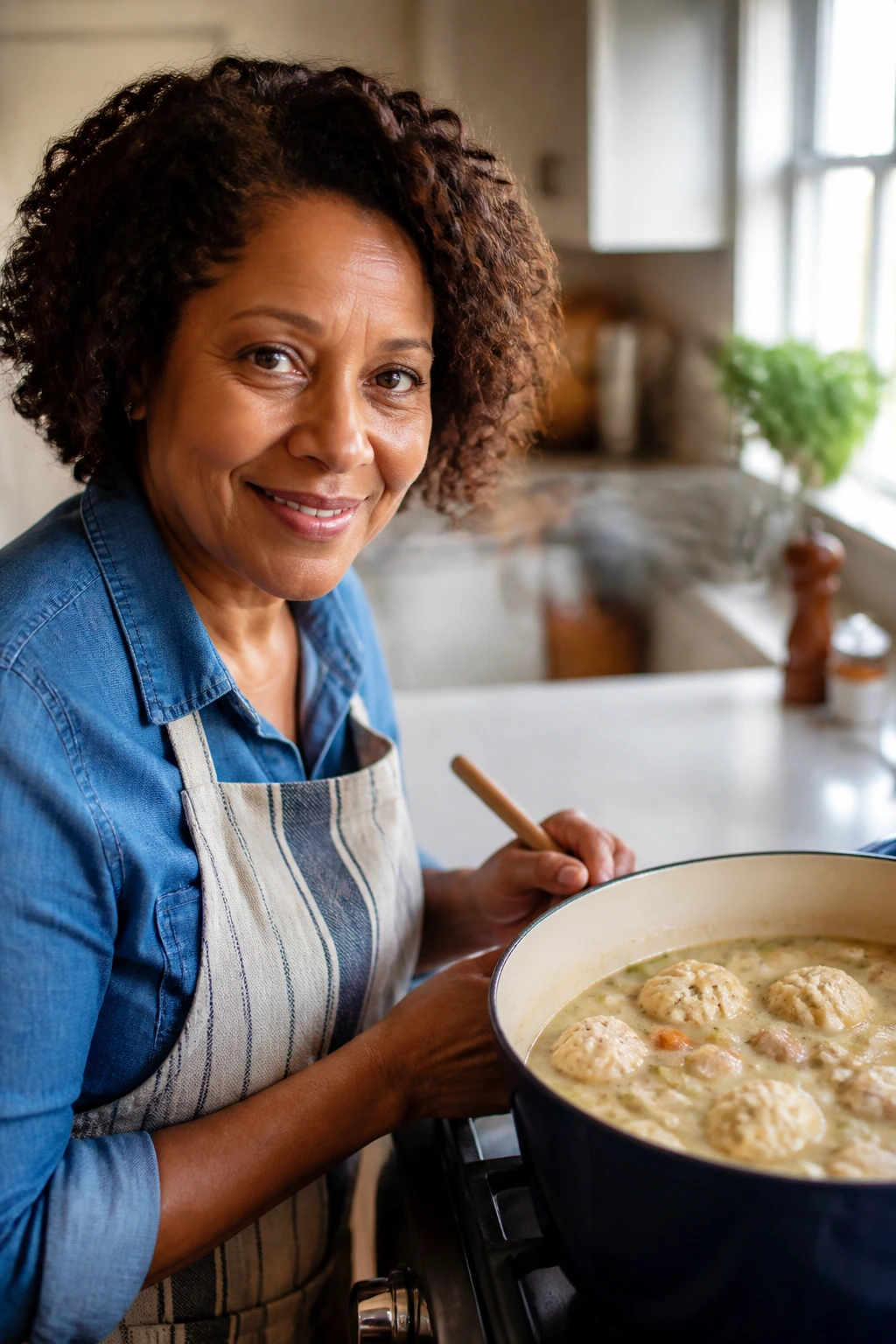 Portrait of a home cook in a bright kitchen cooking chicken and dumplings